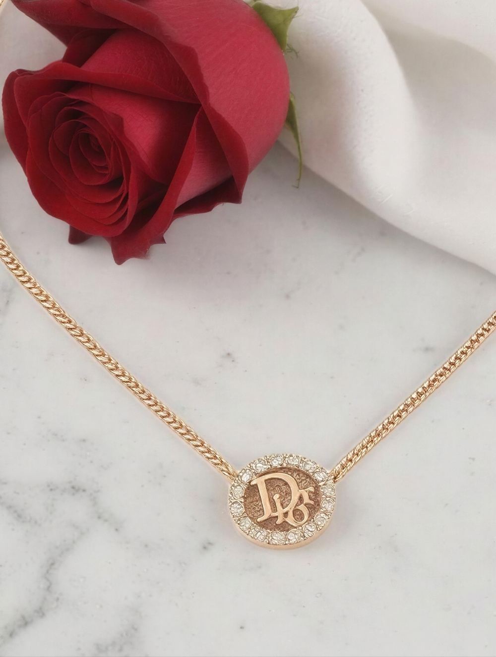 Christian Dior Vintage Gold Crystal Oval Logo Pendant Necklace Y2K Germany